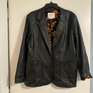 Worn Once ANTHROPOLOGIE Faux Leather Blazer Jacket Womens Size L Black Work Wear